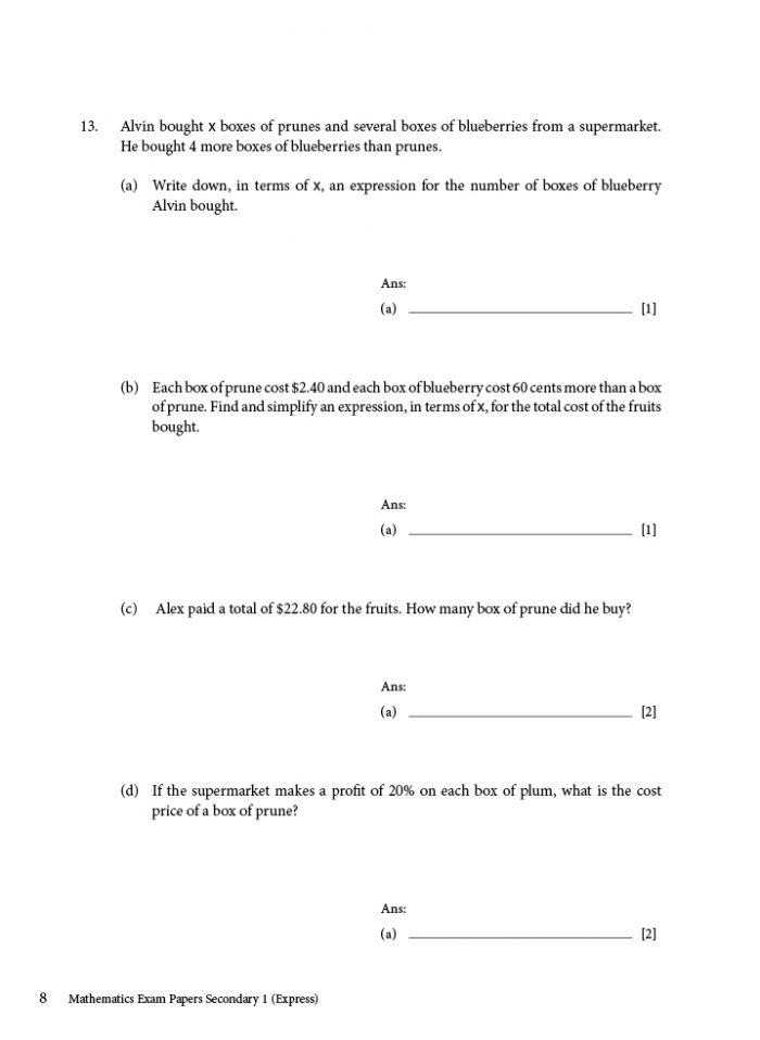 Sec 1 e math exam paper express cpd singapore education services