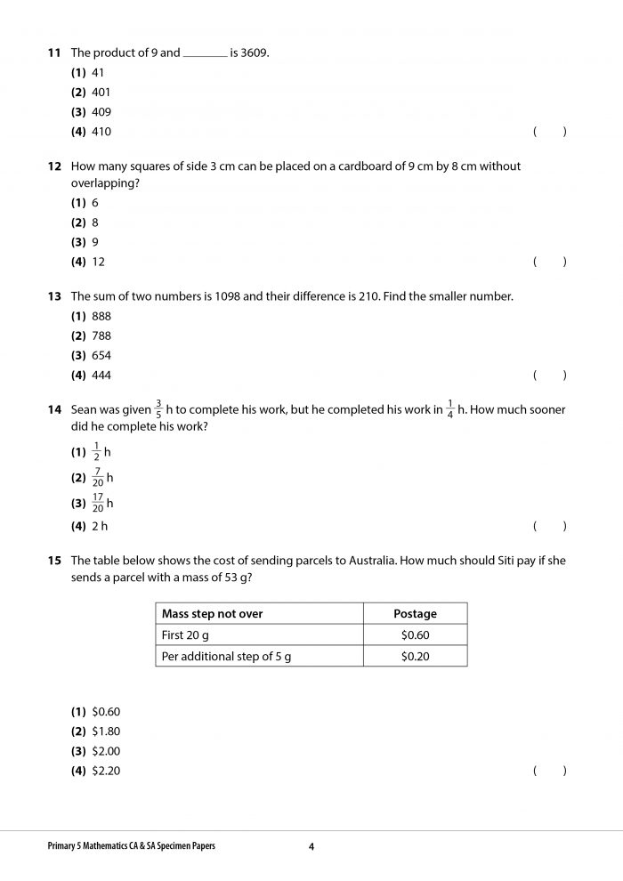 Primary 5 Mathematics Ca & Sa Specimen Papers - Cpd Singapore Education 