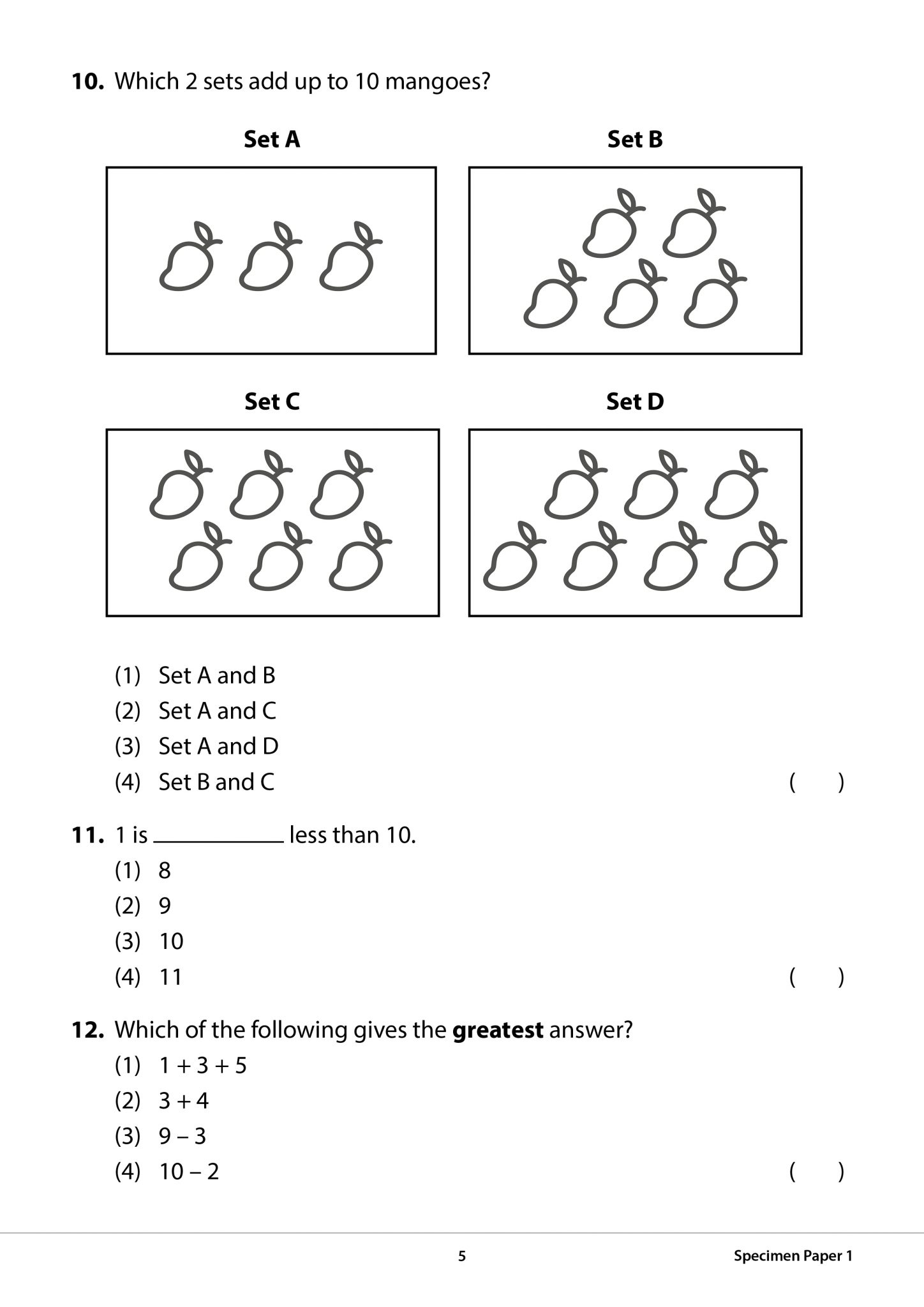 Primary 1 Mathematics Ca & Sa Specimen Papers 